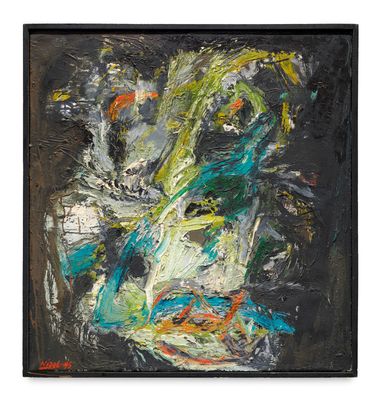 abstract painting of a vase of flowers on a black background