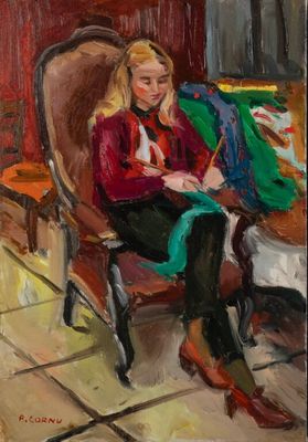 une peinture à l'huile représentant une femme assise sur une chaise dans une pièce