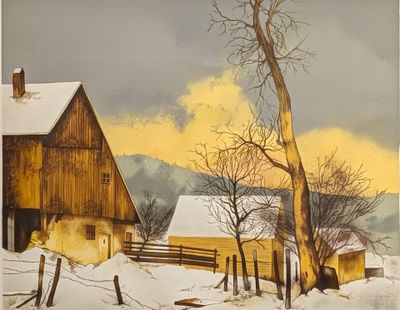 a painting of a barn and a tree in the snow