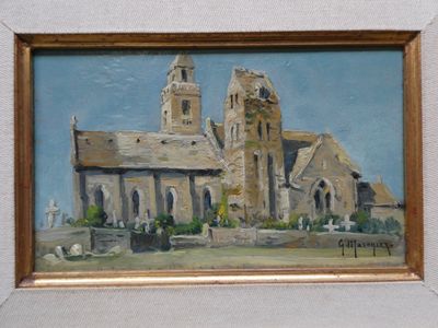 une peinture à l'huile représentant une église avec un clocher au centre