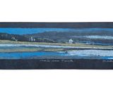une image représentant une peinture d'une scène de plage avec un phare au loin