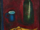 un tableau représentant un poisson et une bouteille posés sur une table