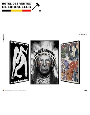 three framed pictures of a man in a headdress and a woman in a headdress