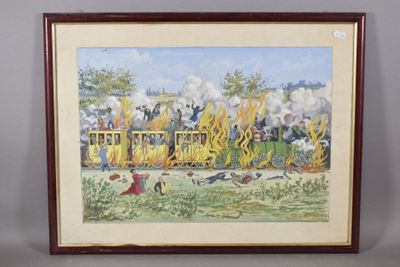tableau représentant un train d'où s'échappe de la fumée, avec des personnes sur les voies