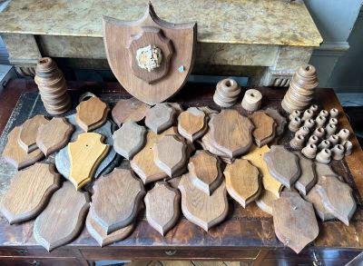 a table with a lot of wooden objects on it