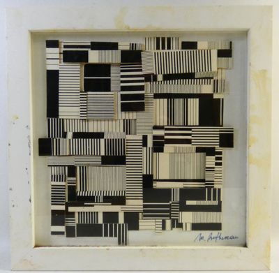 a black and white painting of squares and lines in a white frame