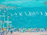 un tableau représentant un groupe de voiliers sur l'eau