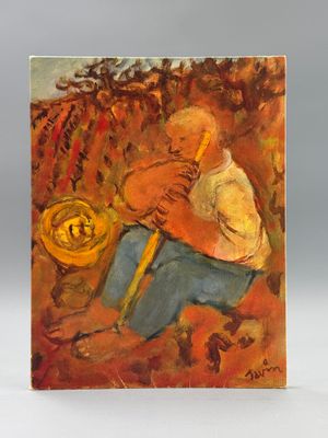 an oil painting of a man playing a trumpet in a field