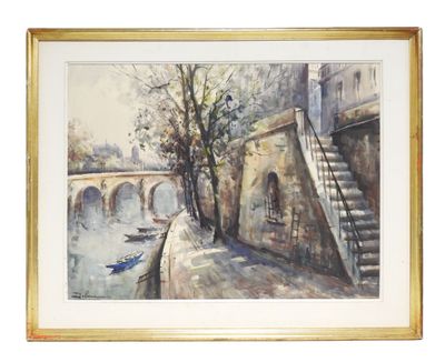 framed watercolor painting of a river scene with a bridge and a boat