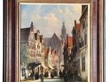 an oil painting of a street scene with people walking down the street
