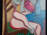 tableau représentant une femme assise sur une chaise, une tasse à la main