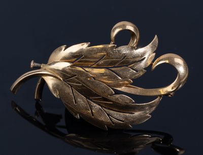 an image of a gold leaf broochle on a black surface