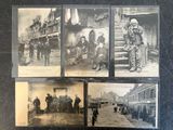 several old black and white photos of men and women on a street