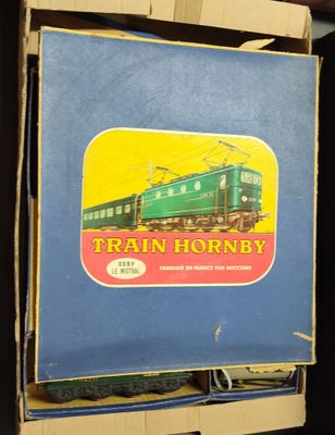 a blue box with a train hornby sticker on it