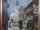 une photo d'un tableau représentant une rue sous la neige