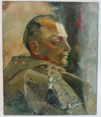 painting of a man in a suit and tie in front of a wall