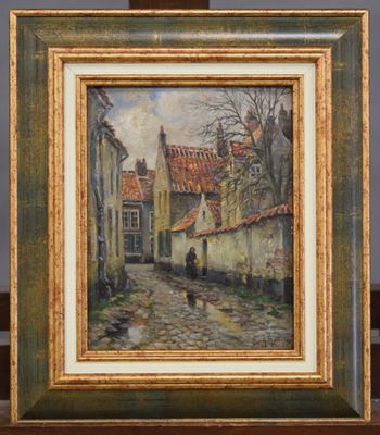 une peinture à l'huile représentant une scène de rue avec une personne marchant dans la rue