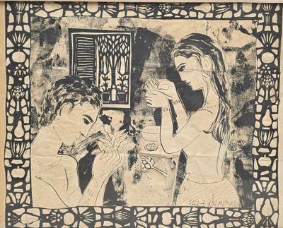 un dessin représentant une femme et un homme dans une pièce