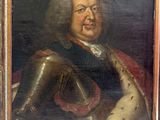 tableau représentant un homme en armure avec un chien sur les genoux