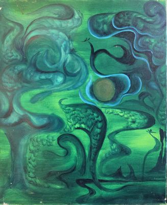 an abstract painting of a green and blue landscape with trees and birds
