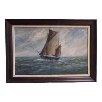 framed oil painting of a sailboat in the open ocean
