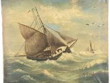 an old painting of a sailboat in rough water with birds flying around
