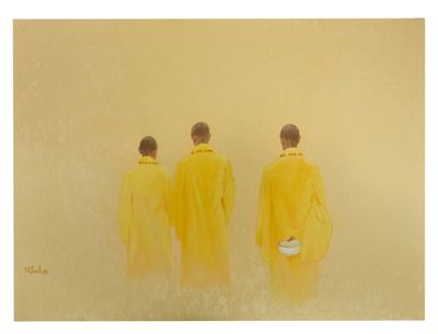 tableau représentant trois hommes en imperméables jaunes, debout les uns à côté des autres
