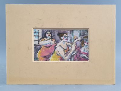tableau représentant trois femmes dans une pièce avec une fenêtre et un fond bleu