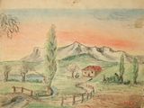 drawing of a landscape with a house and mountains in the distance