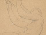 pencil drawing of a man sitting on the ground playing a trombone