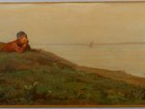une image représentant un tableau où l'on voit une femme allongée sur une colline au bord d'un plan d'eau