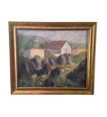 une peinture à l'huile représentant des vaches paissant dans un champ, avec une grange en arrière-plan
