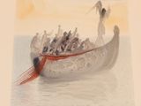 a painting of a boat full of people on the water