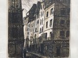drawing of a street scene with buildings and a street light