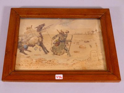 framed picture of a painting of two men on horseback in a desert landscape