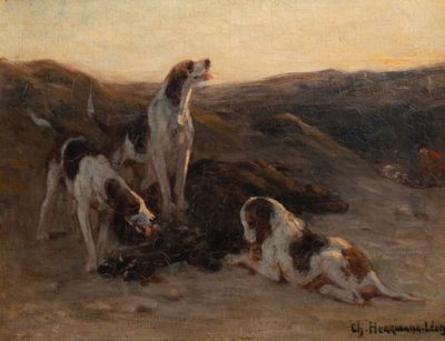 tableau représentant un groupe de chiens dans un paysage rocheux, avec un chien couché par terre