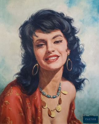 tableau représentant une femme en robe rouge, portant un collier autour du cou