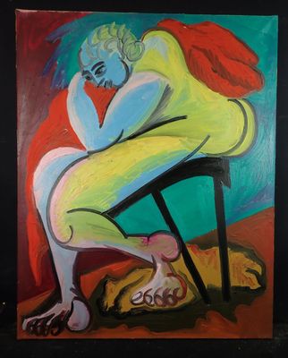 painting of a woman sitting on a chair with her head in her hands