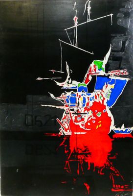 abstract painting of a ship in a dark room with graffiti on the walls