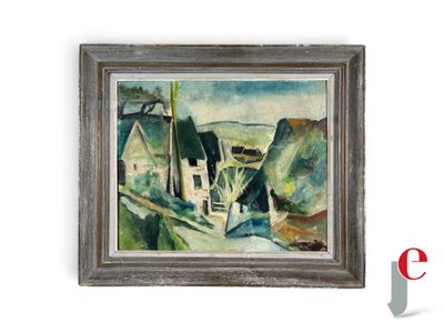 une peinture à l'huile représentant un village avec une église à l'arrière-plan