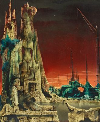 an image of a painting of a futuristic city with a red sky