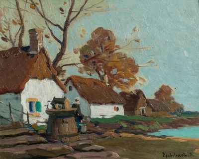 painting of a village scene with a man sitting on a barrel by the water