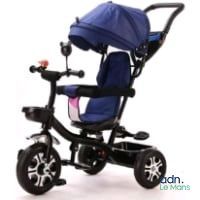 the tricycle is blue and has black wheels and a blue canopy