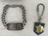 a group of items including a wallet, keychain, and other items