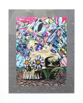 painting of a skull with a flower in its mouth sitting on a sidewalk
