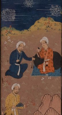 tableau représentant un homme et une femme assis par terre devant une montagne