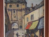 un tableau représentant une scène de rue avec un cheval et une calèche