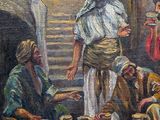 painting of a group of people sitting around pots and drinking water