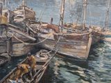 a painting of a group of boats docked at a dock