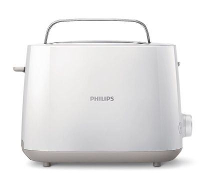 Le grille-pain blanc est posé sur une surface blanche munie d'une poignée.